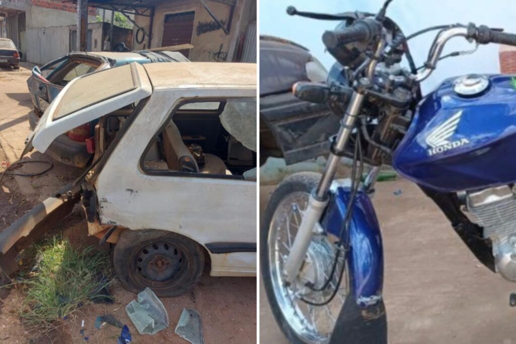 Moto atingiu sucata de carro estacionado na calçada (Foto: Divulgação - Polícia Militar)