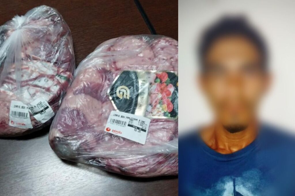 Usuário de drogas queria furtar peças de fraldinha e alcatra do supermercado (Foto: Reprodução e Captura)