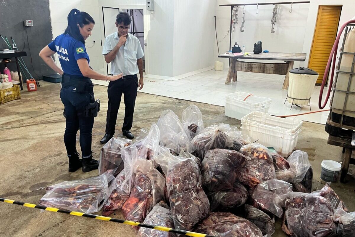 foto de agentes da polícia observando pacotes de carne em frigorífico clandestino em Anápolis