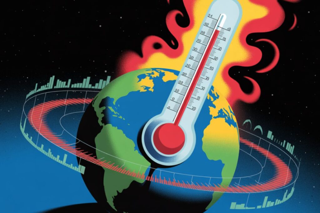 ilustração do planeta terra com um termômetro para representar o aquecimento global