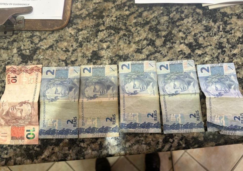 Cédulas de 10 e 2 reais recuperadas pela PM após furto praticado pela moradora de rua (Foto: Divulgação / 28º BPM)
