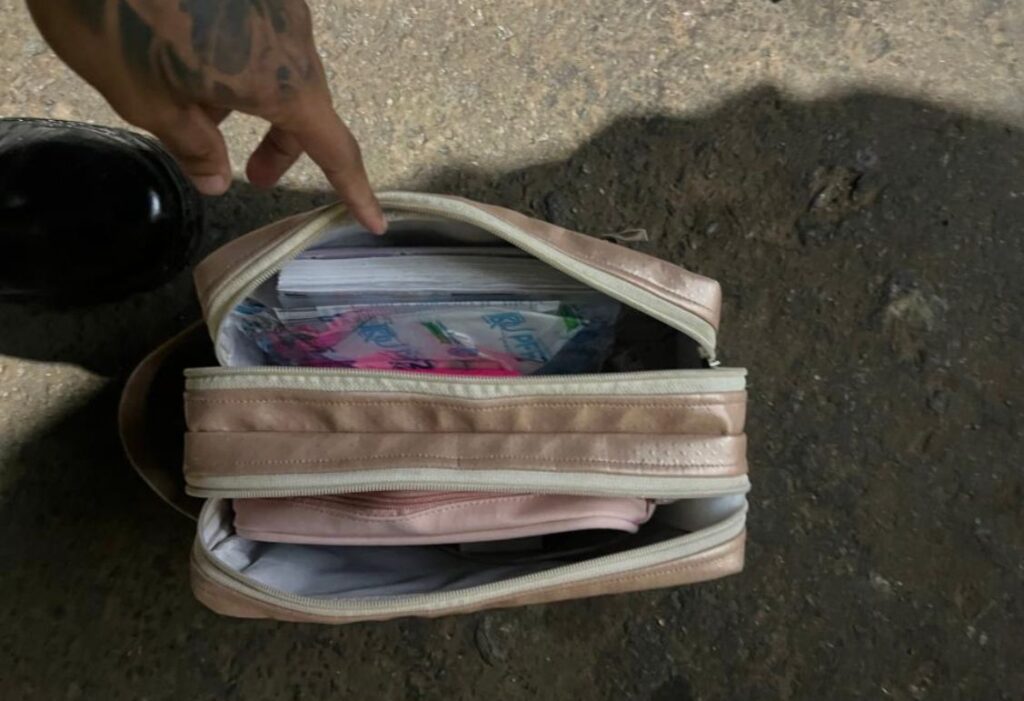 Bolsa da enfermeira que havia sido roubada e imagem do suspeito (Foto: Reprodução)