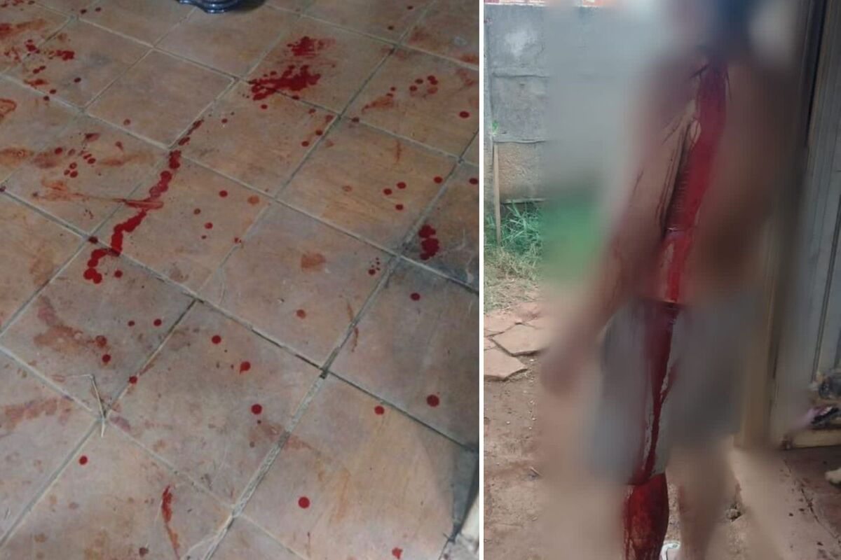 Chão da casa e corpo da vítima sujos de sangue (Foto: Reprodução/Polícia Militar)
