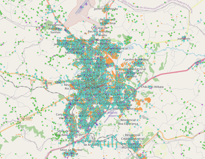 A localização exata desses pontos e o tipo de utilização foram capturados por meio de georreferenciamento, este mapa mostra estabelecimentos e locais em construção em Anápolis. (Foto: Reprodução / IBGE)