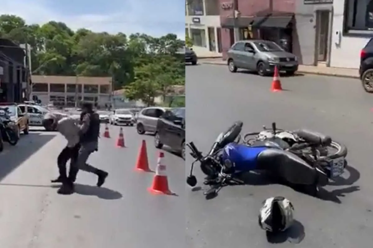 Nas imagens é possível ver que o motociclista fica extremamente nervoso e tenta fugir do local. (Foto: Captura)