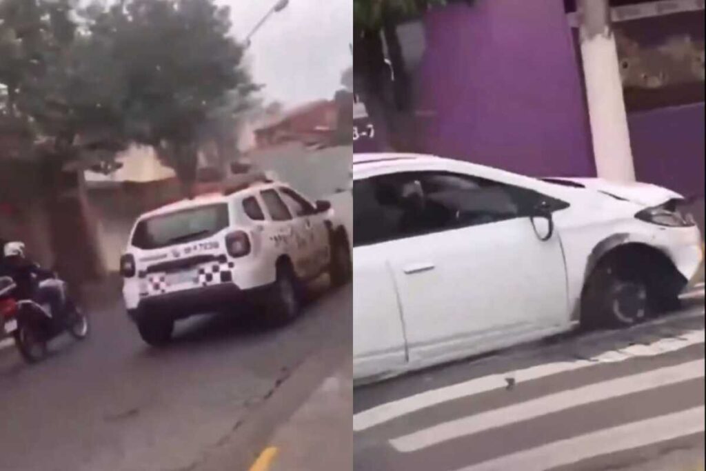 O vídeo foi gravado poucos momentos antes do carro sem rodas ser interceptado pelos PMs. (Foto: Captura)
