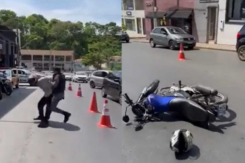 Nas imagens é possível ver que o motociclista fica extremamente nervoso e tenta fugir do local. (Foto: Captura)