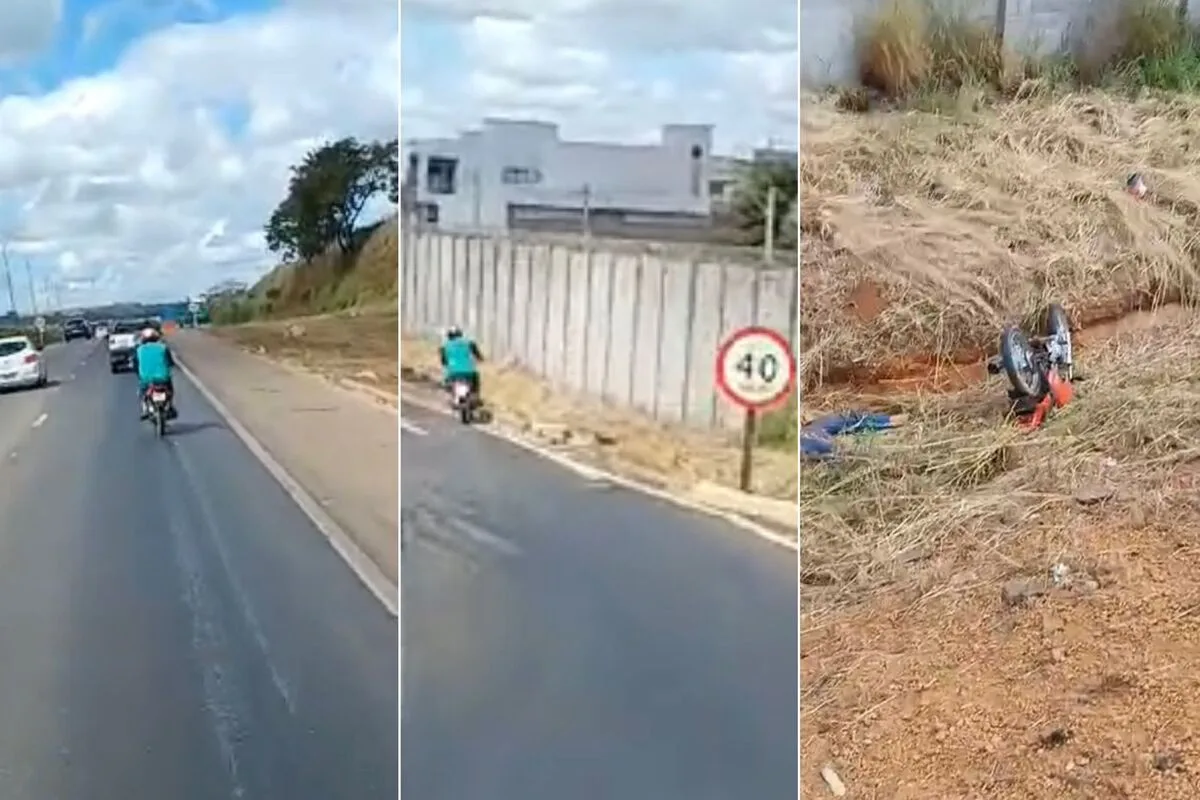 Imagens gravadas no celular registraram quando o motociclista fica desacordado às margens da rodovia (Foto: Captura)