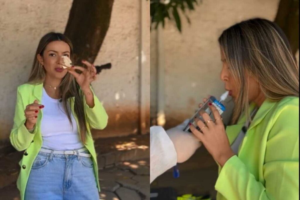 O vídeo começa com a mulher passado requeijão em duas fatias de pão. Após comer, ela sopra o bafômetro e mostra o valor obtido. (Foto: Captura)