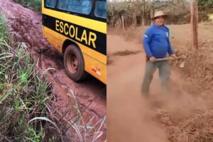 Moradores relatam que o ônibus escolar de Souzânia chegou a ficar atolado na via (Foto: Imagens cedidas à Rádio São Francisco)