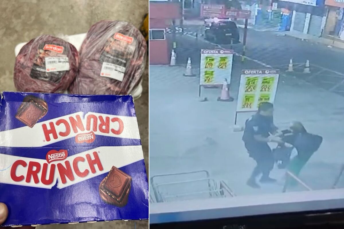 Ao tentar sair com os produtos furtados, a mulher foi interceptada por um segurança do supermercado (Foto: Reprodução e Captura)