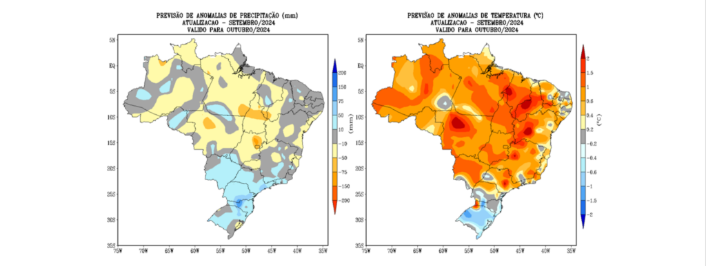 Previsão para outubro em relação a chuvas (primeira imagem) e temperatura (segunda imagem) (Foto: Reprodução / Inmet)