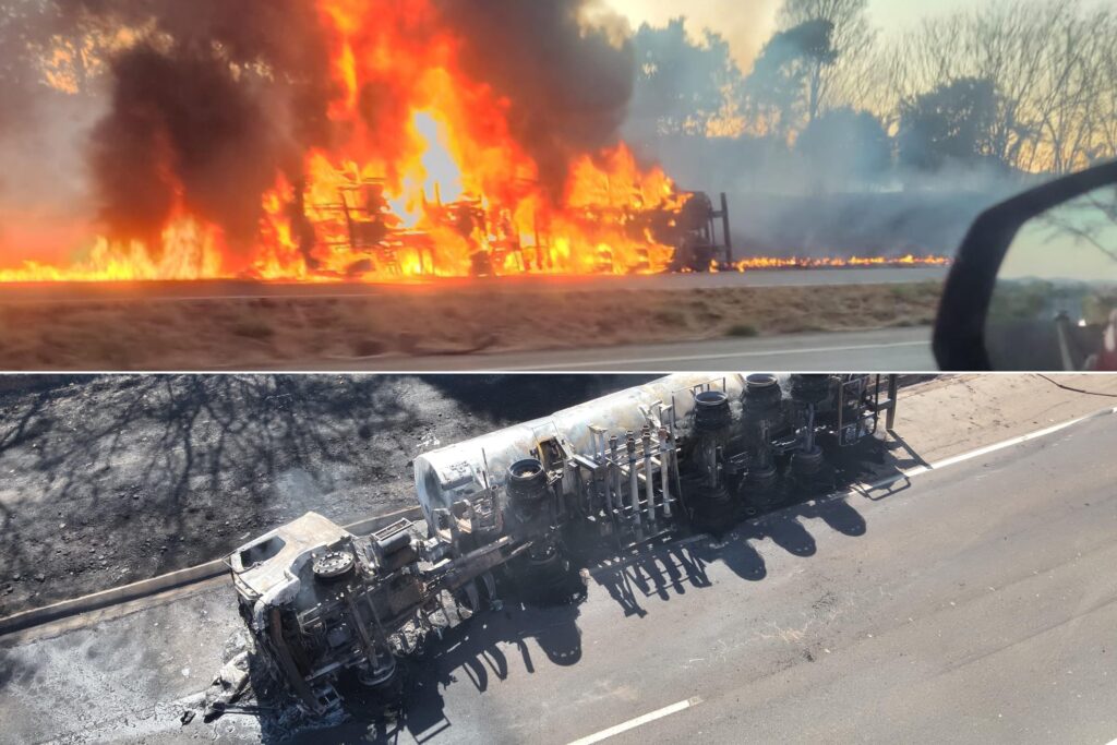 Fotos mostram a proporção das chamas e o cenário de destruição do caminhão que transportava combustíveis (Foto: Divulgação/Bombeiros)