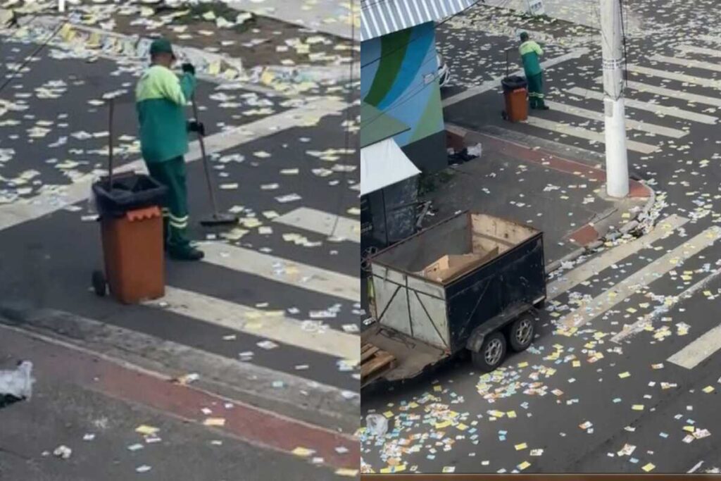 A gravação chama atenção pela quantidade de santinhos acumulados no chão (Foto: Captura)