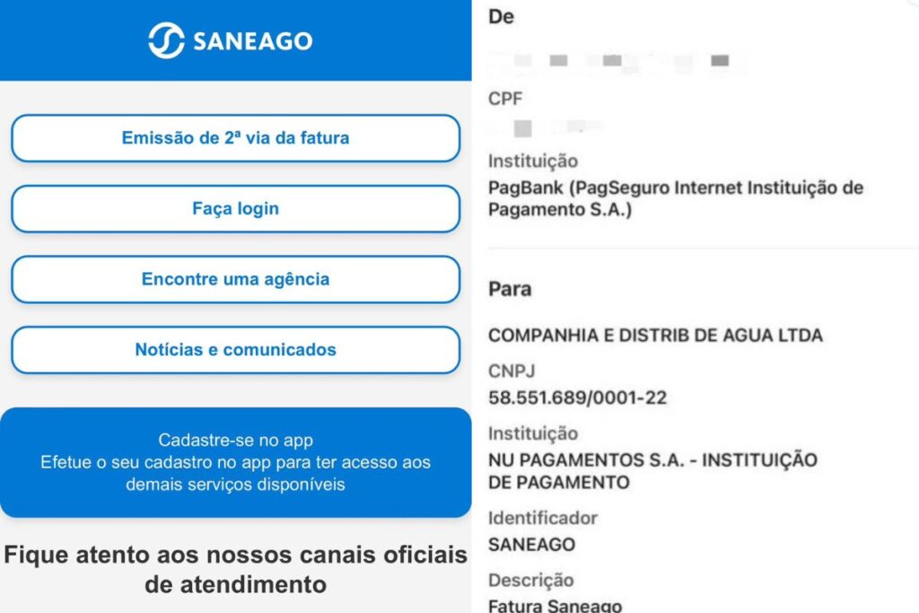 prints de sites semelhantes ao da Saneago e de comprovante de pagamento para CNPJ falso