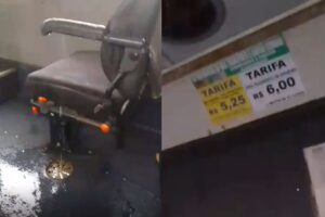 capturas de tela mostram goteira em ônibus da Urban em Anápolis