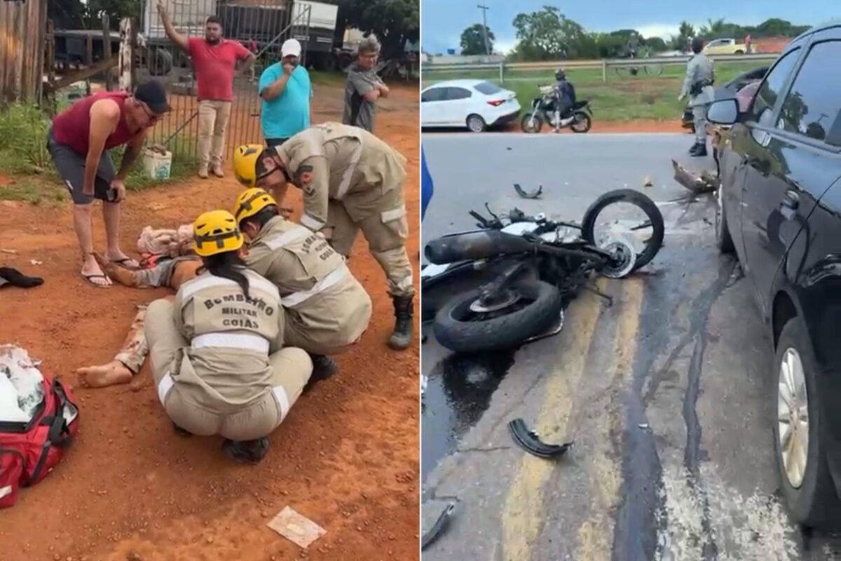 O impacto do acidente destruiu a parte frontal dos carros e a moto (Foto: Silvia Letícia)