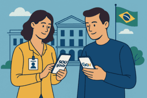 arte com duas pessoas utilizando celulares com imagens dos aplicativos gov.br e sougov.br