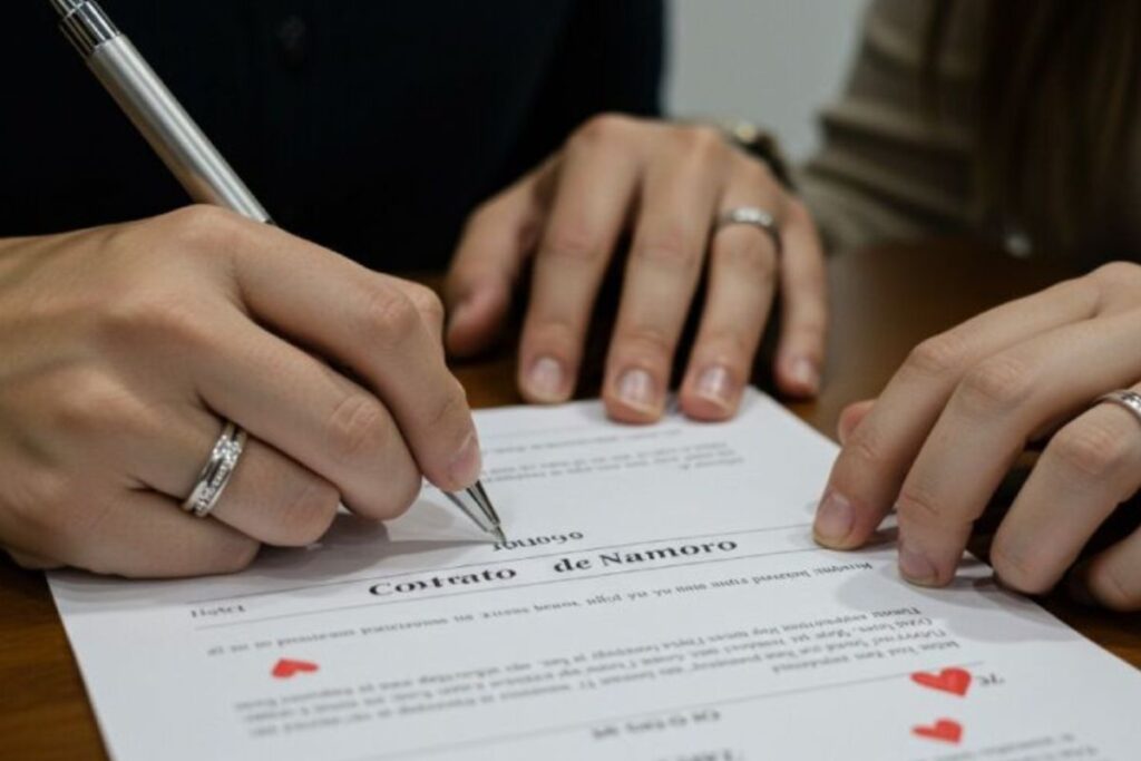 foto de casal assinando contrato de namoro